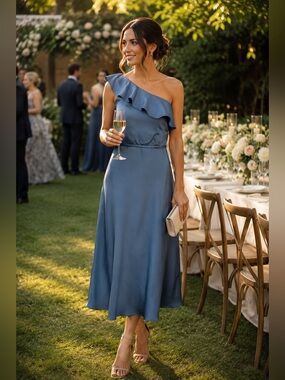 Kennedy Blue Satin One Shoulder Ruffle Midi Dress Size 4 Blue Formal
